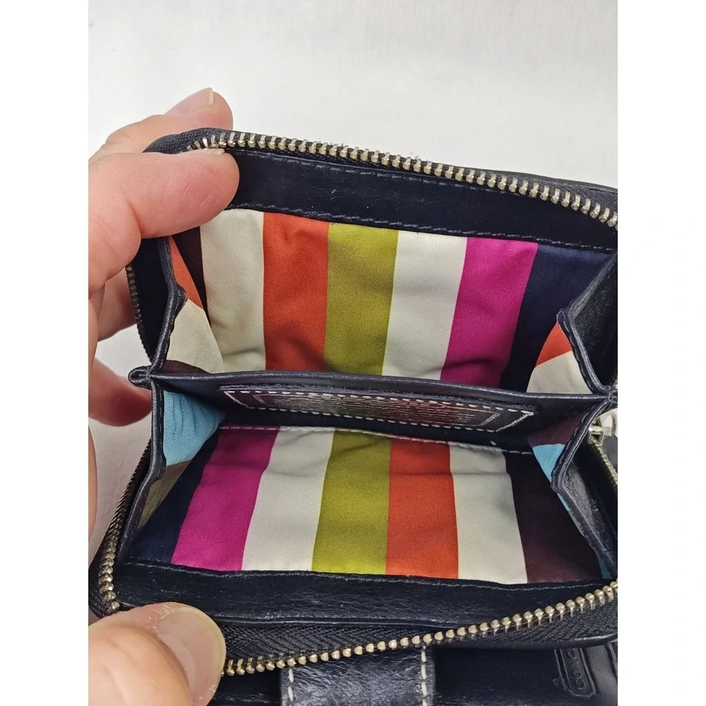 COACH 40751 Legacy Signature Stripe Bifold Compact Wallet Glitter Black Canvas